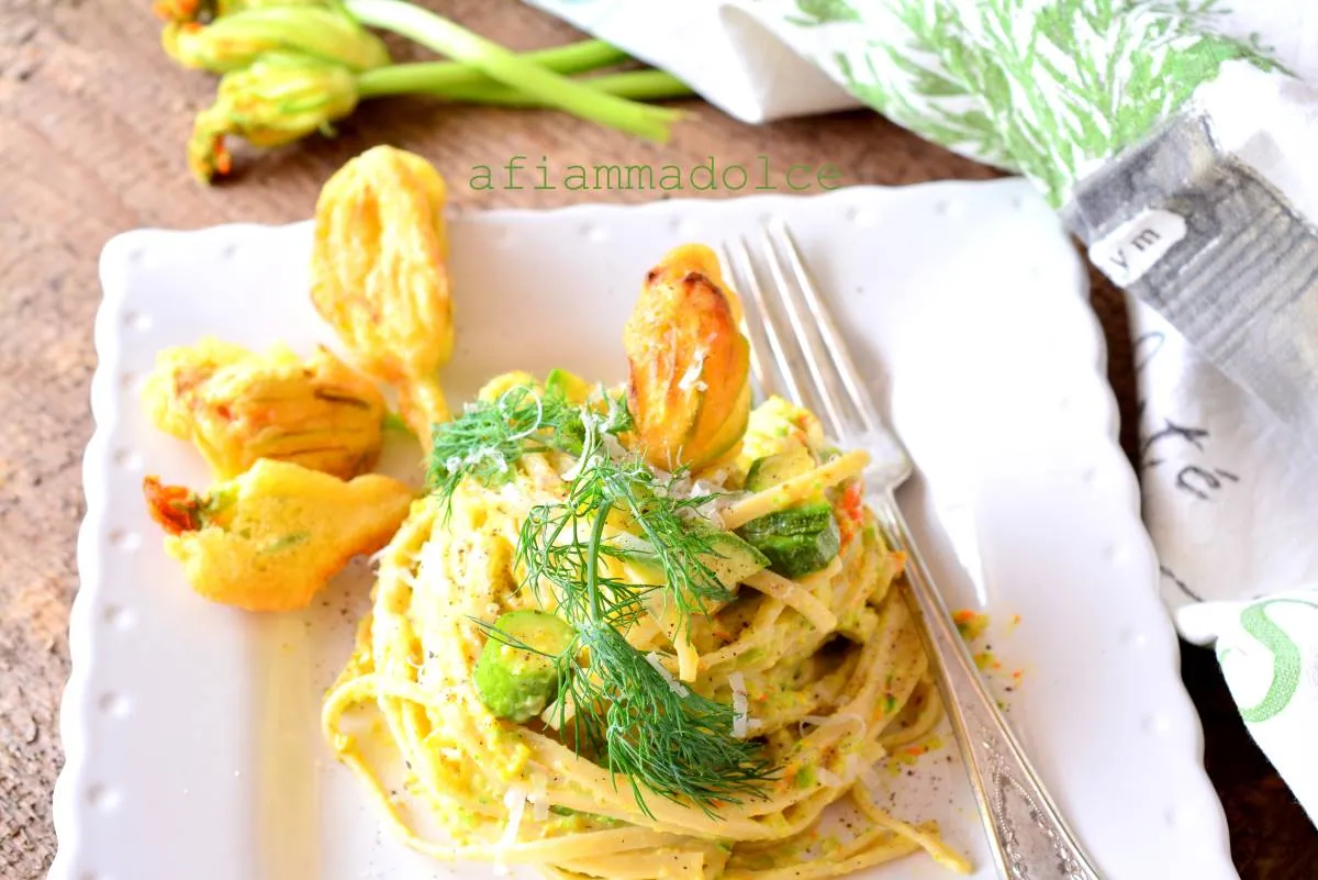 Fettuccine con crema di fiori di zucca e botiro di Primiero